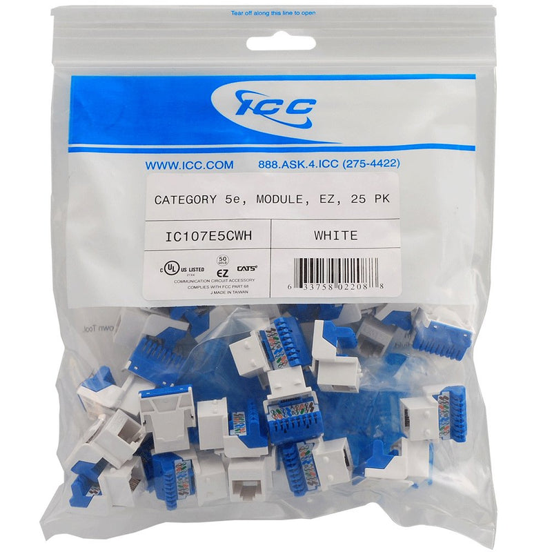  [AUSTRALIA] - ICC CAT5e RJ45 Keystone Jack for EZ® Style, White, 25-Pack
