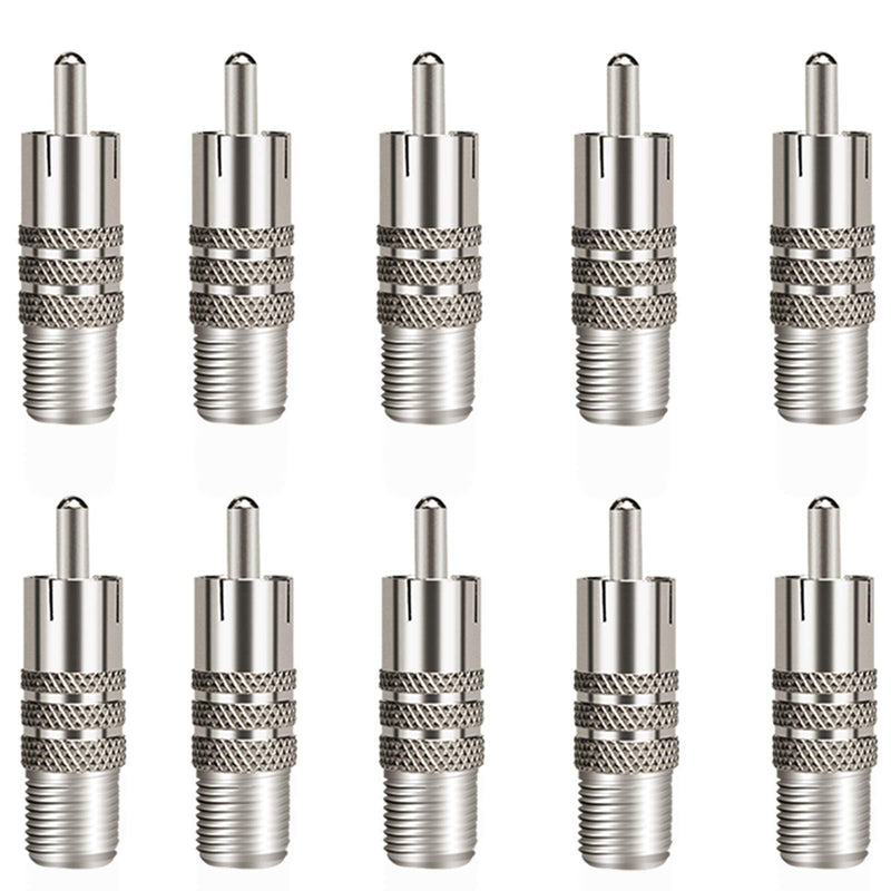 10 Pack F Type Female to RCA Male Coaxial Cable Adapter, Straight Coupler Adapter Connector for Video Audio (Nickel Plated) - LeoForward Australia