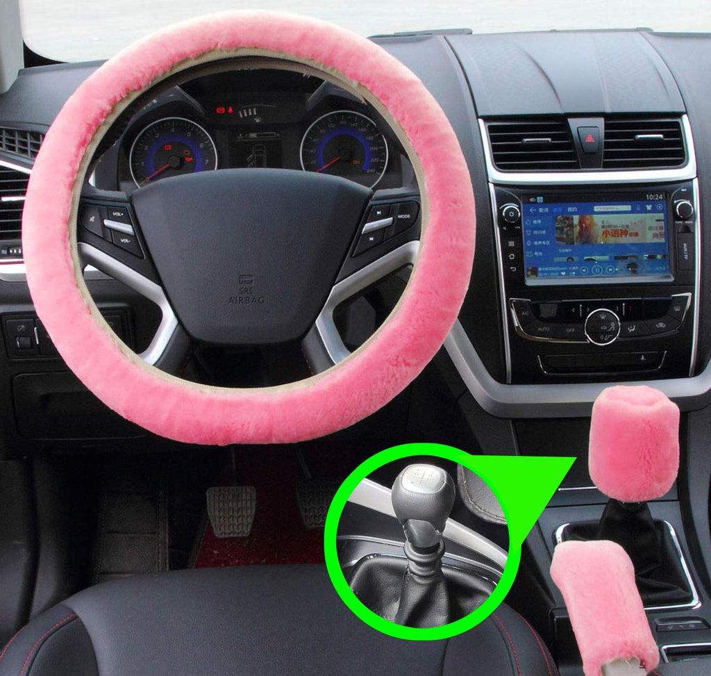  [AUSTRALIA] - IBAIOU Universal 3Pcs Set Plush Steering Wheel Cover for Women Faux Wool Hand Brake Cover&Gear Cover Set Warm Winter car Styling Interior (Pink for Manual) pink for Manual