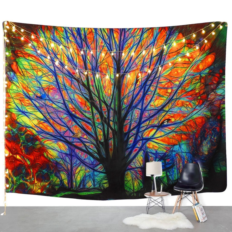 [AUSTRALIA] - BLEUM CADE Colorful Tree Tapestry Wall Hanging Psychedelic Forest with Birds Wall Tapestry Bohemian Mandala Hippie Tapestry for Bedroom Living Room Dorm 51.2"X59.1"