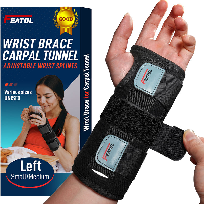  [AUSTRALIA] - Wrist Brace for Carpal Tunnel, Adjustable Wrist Support Brace with Splints Left Hand, Small / Medium, Arm Compression Hand Support for Injuries, Wrist Pain, Sprain, Sport Left-1 Small/Medium (Pack of 1)