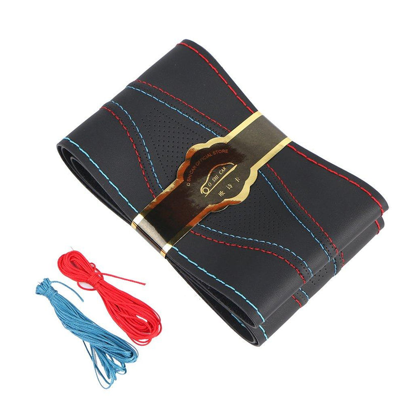 15 Inch Universal Car Steering Wheel Cover Leather (Artificial) Stitch On Wrap with Needle & Thread DIY Red and Blue Splice for BMW Etc Medium - LeoForward Australia