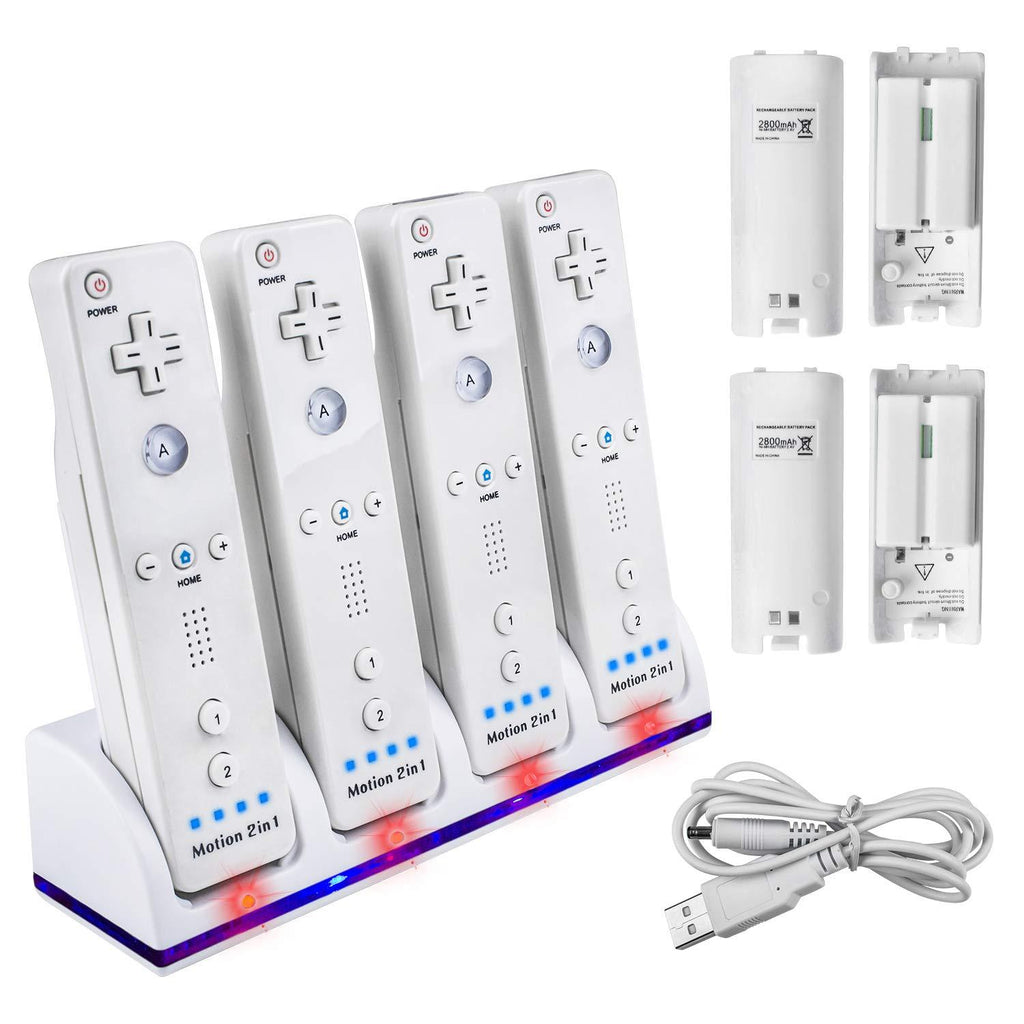  [AUSTRALIA] - 4 Wii Controller Batteries with Charger Dock for Wii Controller, TechKen Remote Control Charger Docking Station with 4 Rechargeable Batteries Compatible Nintendo Wii Remote Control white-4ports