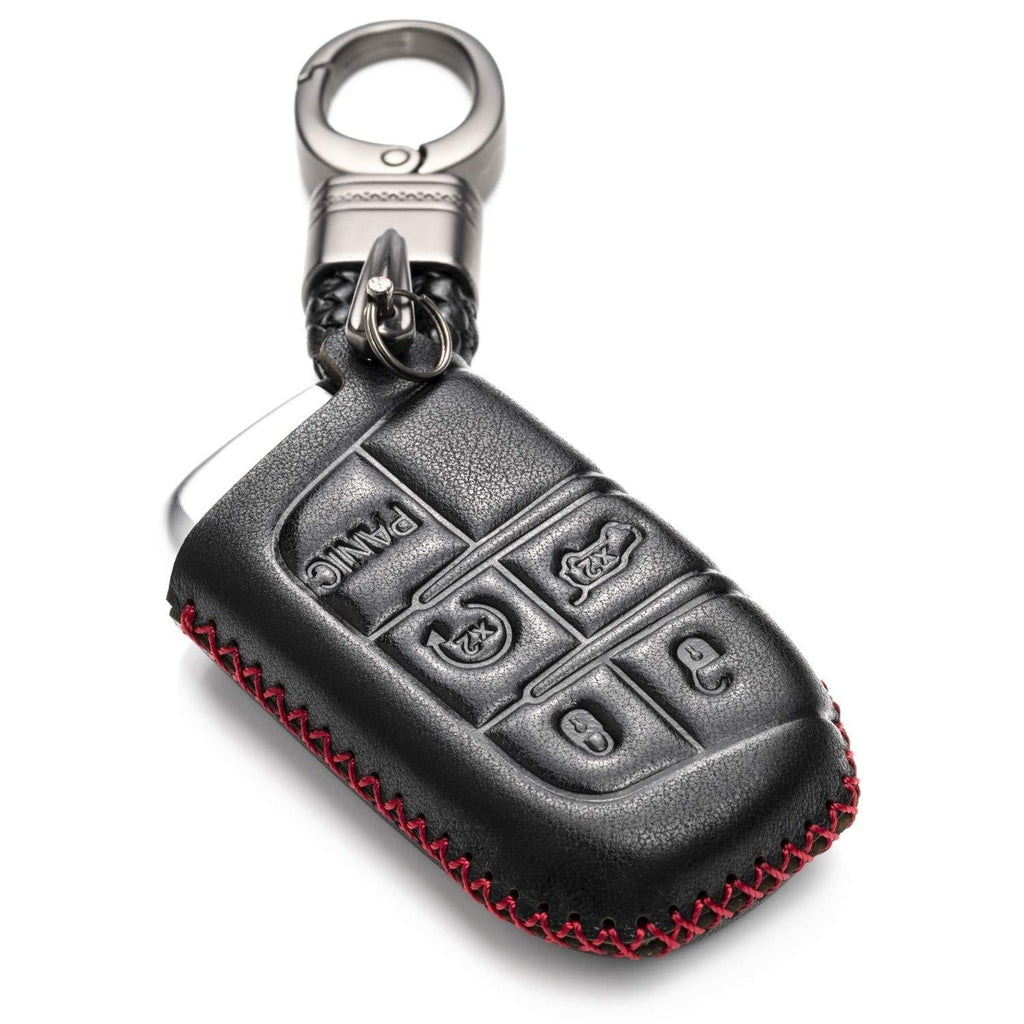 Vitodeco Genuine Leather Smart Key Keyless Remote Entry Fob Case Cover with Key Chain for JEEP, Dodge, Chrysler (5 Buttons, Black/Red) 5 Buttons - LeoForward Australia