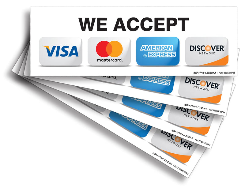  [AUSTRALIA] - Credit Card Sticker Signs Stickers – 4 Pack 9”x 3” Inch - We Accept Visa, MasterCard, Amex & Discover, Premium Self-Adhesive Vinyl, Laminated, UV, Weather, Scratch, Water and Fade Resistance