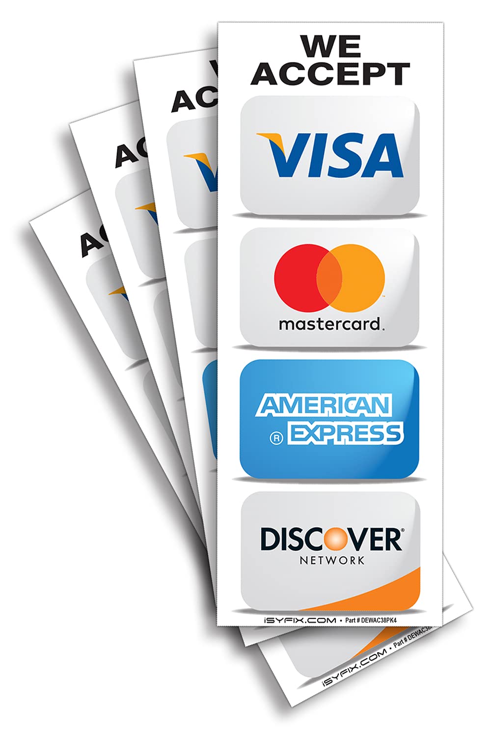  [AUSTRALIA] - Credit Card Sticker Signs Stickers – 4 Pack 3”x 8” Inch - We Accept Visa, MasterCard, Amex & Discover, Premium Self-Adhesive Vinyl, Laminated, UV, Weather, Scratch, Water and Fade Resistance