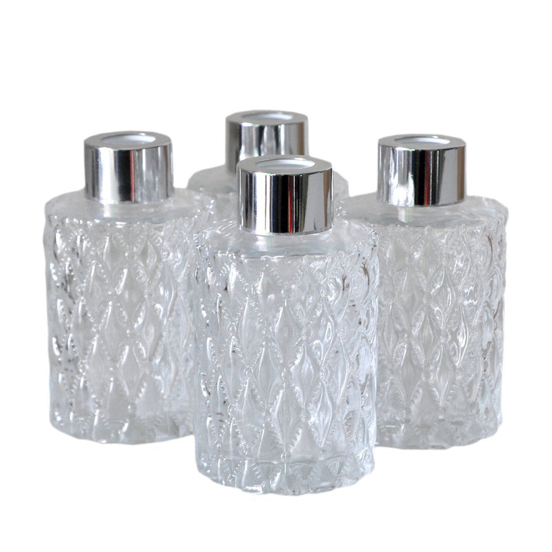  [AUSTRALIA] - Ougual Set of 4 Diamond Carving Cylindrical Glass Essential Oils Diffuser Bottles (120ML, Silver Caps) 120ML Silver Cap
