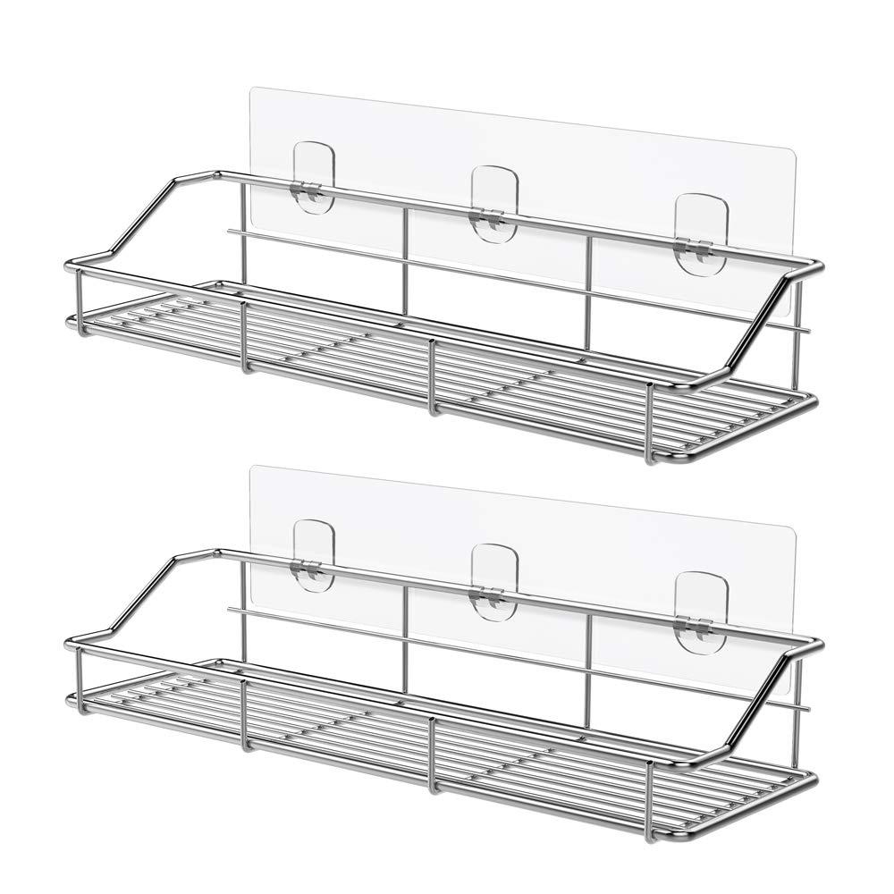  [AUSTRALIA] - ODesign Adhesive Bathroom Shelf Organizer Shower Caddy Kitchen Spice Rack Wall Mounted No Drilling SUS304 Stainless Steel Rustproof - 2 Pack Silver