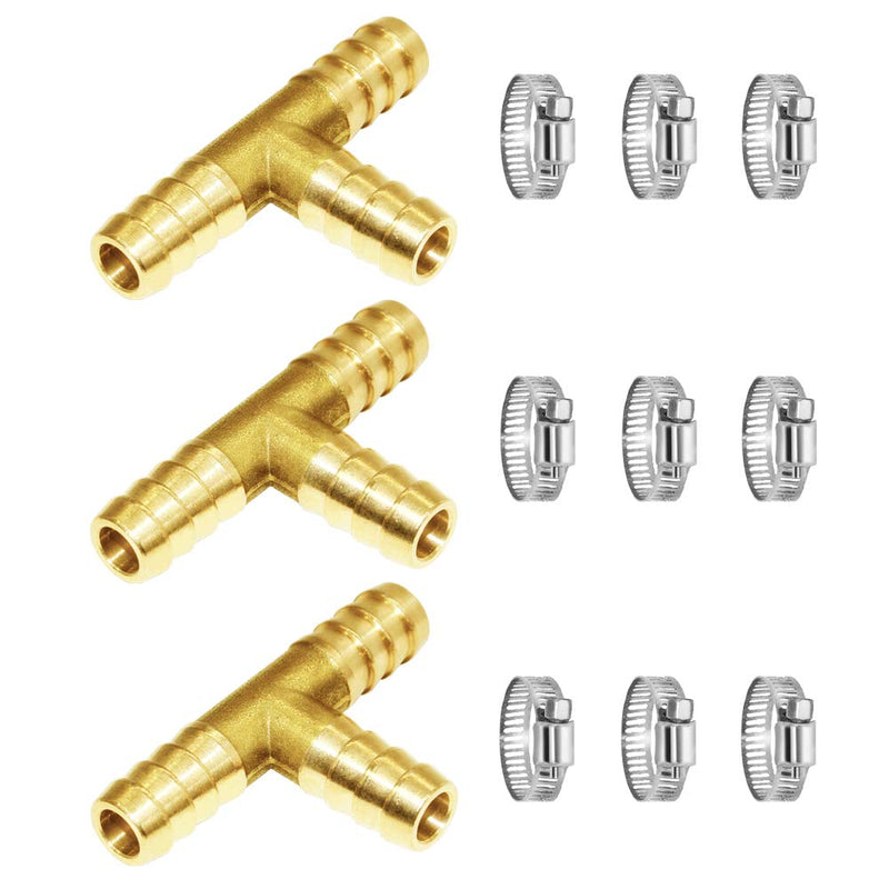  [AUSTRALIA] - Joywayus 3/8" ID Hose Barb Fitting,Tee 3 way Brass Fitting Intersection/Split Brass Water/Fuel/Air Tee-3/8-3PCS