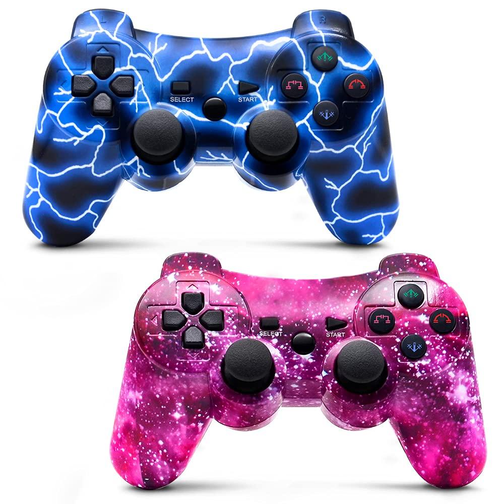 Bowei PS3 Controller Wireless 2 Pack Double Shock Gamepad for Playstation 3 Remotes, Six-Axis Wireless PS3 Controller with Charging Cable, Blue+ Purple - LeoForward Australia
