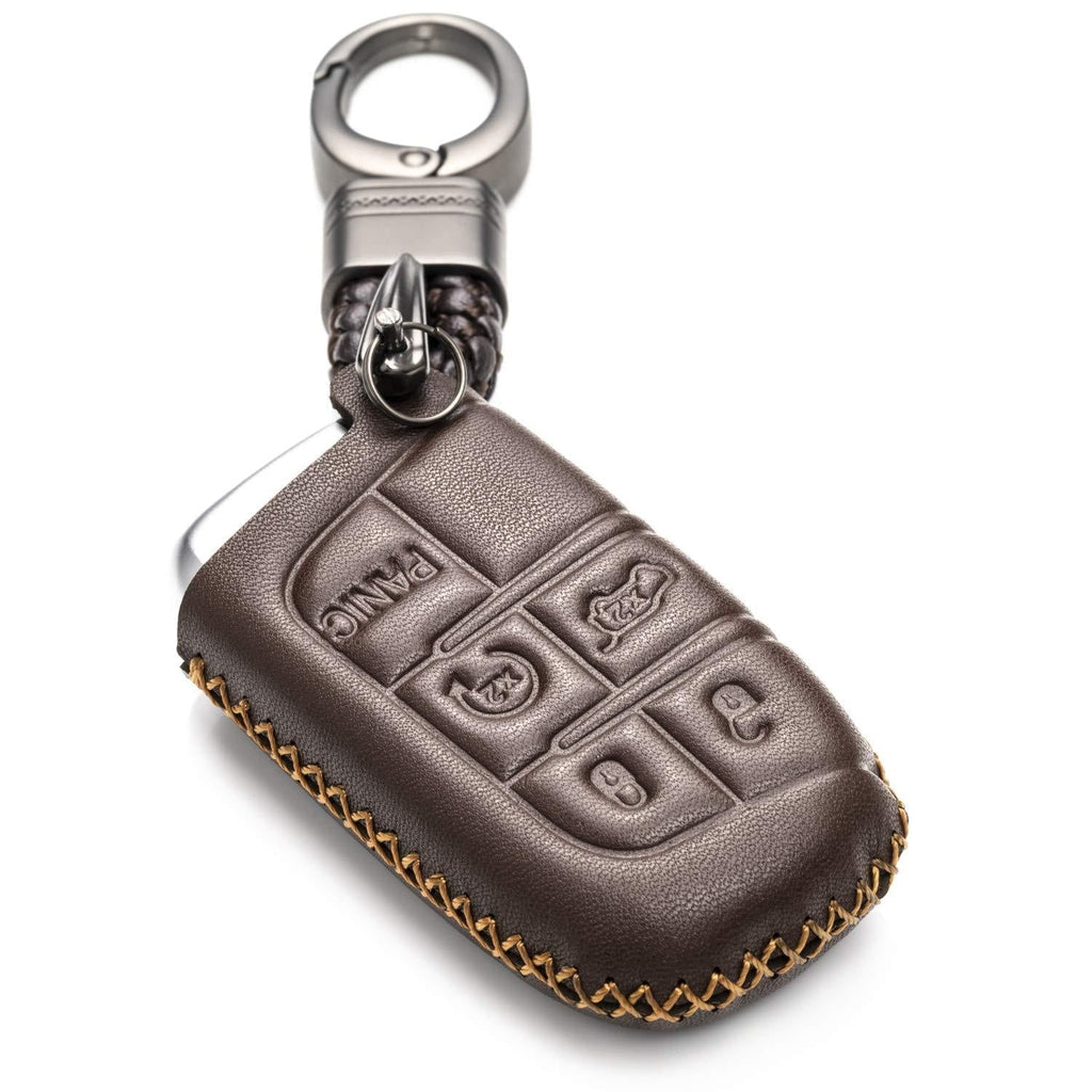  [AUSTRALIA] - Vitodeco Genuine Leather Smart Key Keyless Remote Entry Fob Case Cover with Key Chain for Jeep, Dodge, Chrysler (5 Buttons, Brown) 5 Buttons