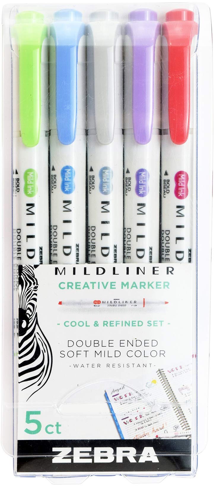  [AUSTRALIA] - ZEBRA PEN Mildliner Double Ended Highlighter Set Broad and Fine Point Tips, 5 Pack, Assorted Cool and Refined