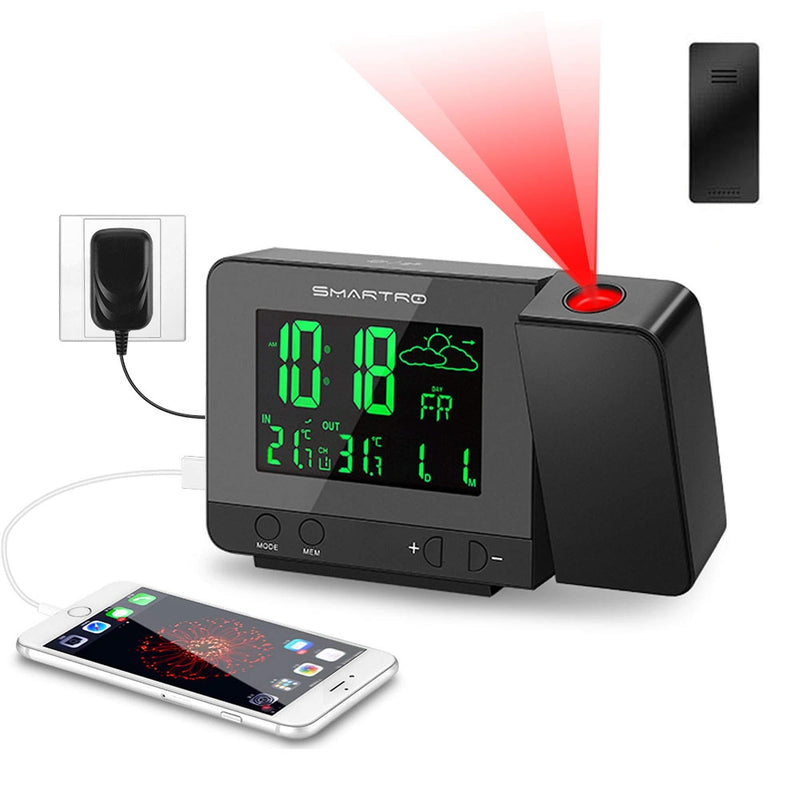  [AUSTRALIA] - SMARTRO SC31B Digital Projection Alarm Clock with Weather Station, Indoor Outdoor Thermometer, USB Charger, Dual Alarm Clocks for Bedrooms, AC & Battery Operated Black