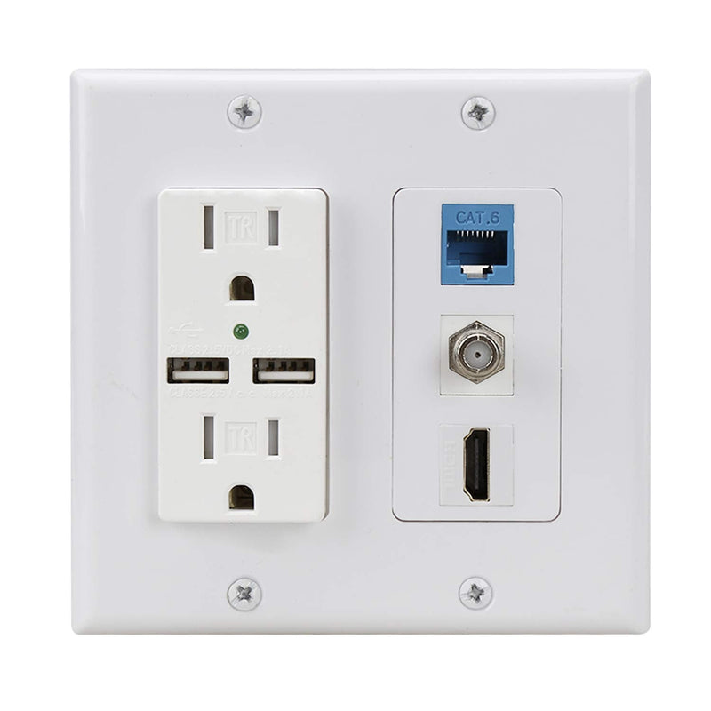  [AUSTRALIA] - Hdmi USB Outlet Charger Wall Plate,2 Power Outlet 15A with Dual 2.1A USB Charger Port,PHIZLI 1 HDMI HDTV + 1 CAT6 RJ45 Ethernet + Coaxial Cable TV F Type Keystone Face Plate White