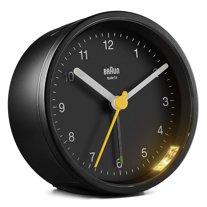  [AUSTRALIA] - Braun Classic Analogue Alarm Clock with Snooze and Light, Quiet Quartz Movement, Crescendo Beep Alarm in Black, Model BC12B.