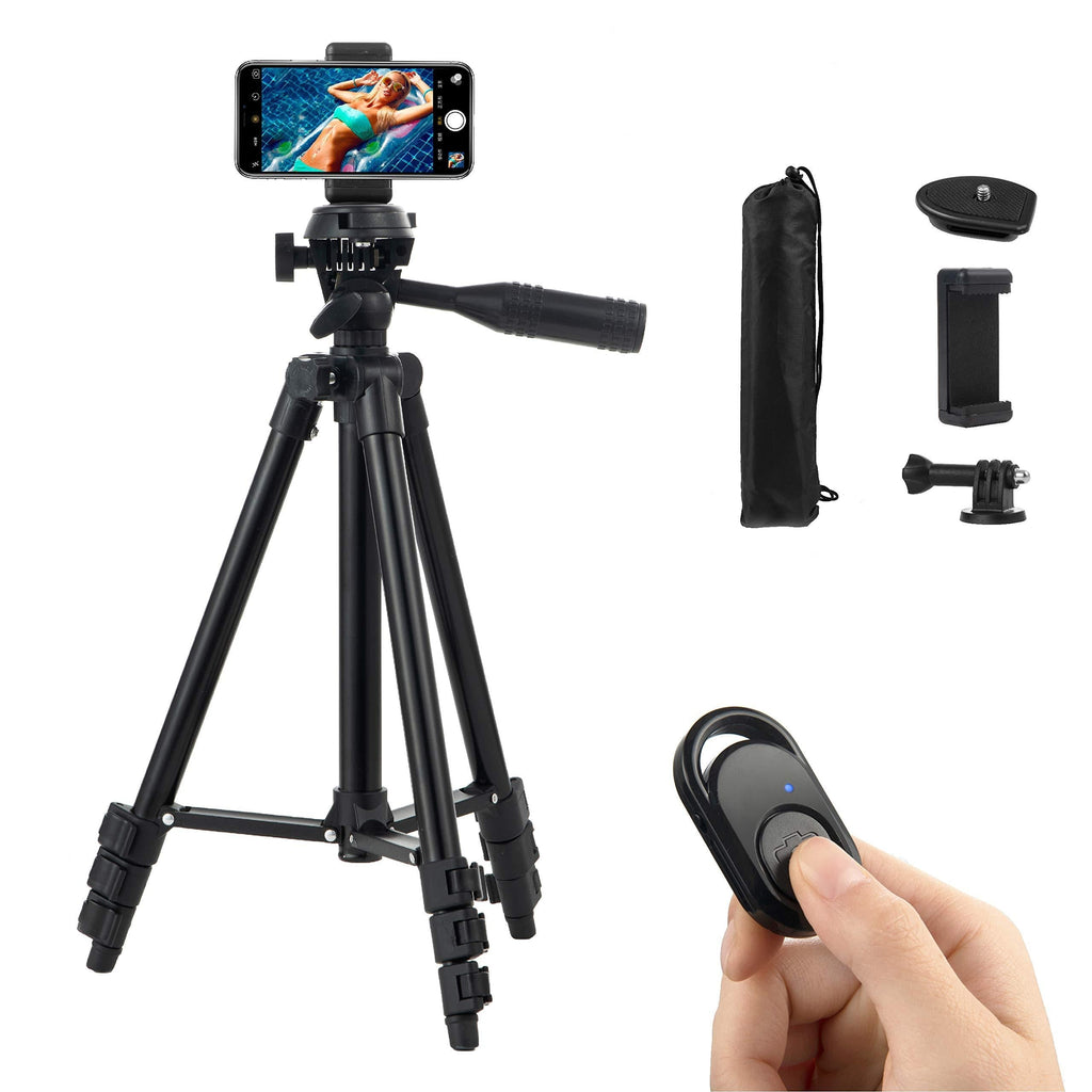 Polarduck Camera Mount Phone Tripod Stand: 42-Inch 106cm Lightweight Travel Tripod for iPhone with Remote & Phone Holder & GoPro Adapter Compatible with iPhone & Android Cell Phone | Matte Black - LeoForward Australia