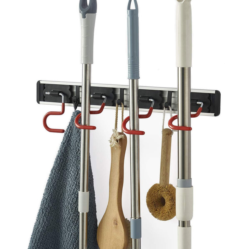 [AUSTRALIA] - QBOSO Wall Mounted Mop and Broom Holder Stainless Steel S Type Broom Rack Anti-Slip Mop Organizer (17 Inches ,4 Positions 3 Hooks , Red black)