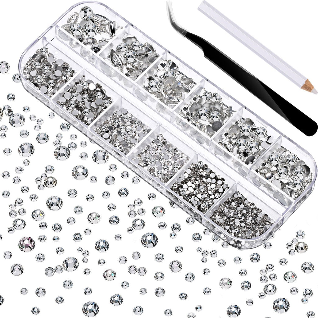 TecUnite 2000 Pieces Flat Back Gems Round Crystal Rhinestones 6 Sizes (1.5-6 mm) with Pick Up Tweezer and Rhinestones Picking Pen for Crafts Nail Face Art Clothes Shoes Bags DIY (Clear) - LeoForward Australia