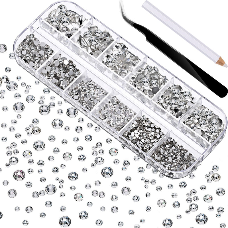 TecUnite 2000 Pieces Flat Back Gems Round Crystal Rhinestones 6 Sizes (1.5-6 mm) with Pick Up Tweezer and Rhinestones Picking Pen for Crafts Nail Face Art Clothes Shoes Bags DIY (Clear) - LeoForward Australia
