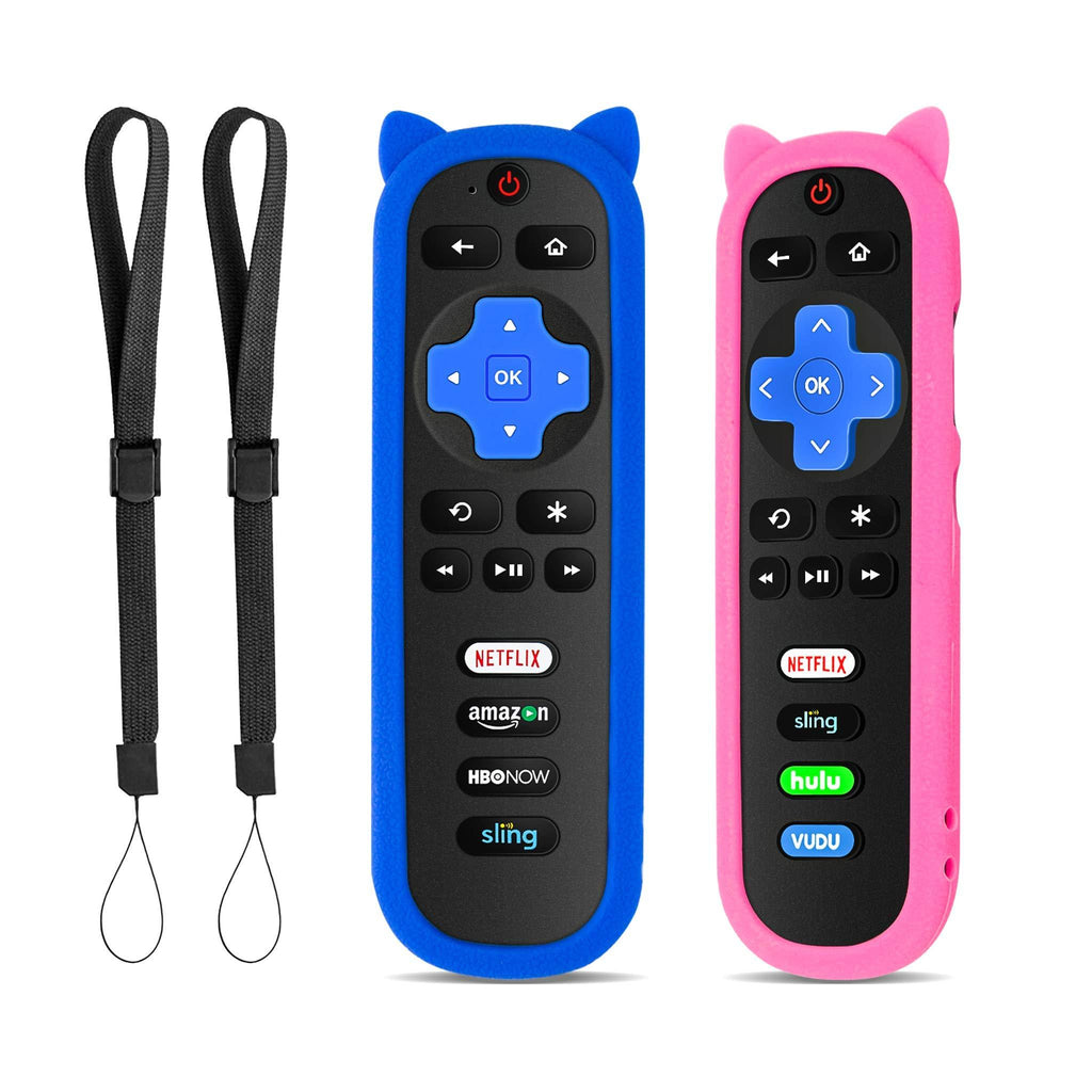 （Pack of 2） Blue + Pink Silicone Protective Soft Cases Covers Compatible with RC280 TCL ROKU TV Remote Control with Wrist Strap Cute Cat Ear Shape Case only pink and blue - LeoForward Australia