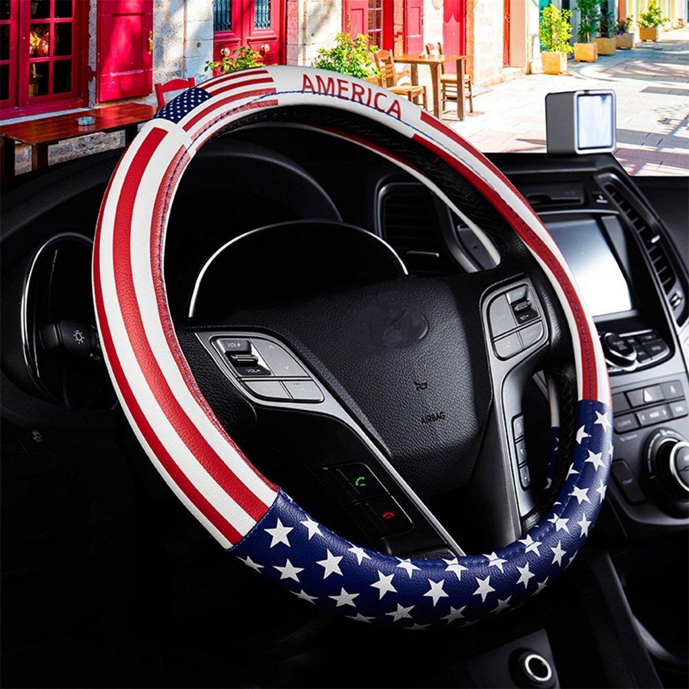  [AUSTRALIA] - Dotesy Leather Steering Wheel Cover, Fashion USA American Flag Style Steering Wheel Cover Protector Universal for 36.5-38cm (American Flag)
