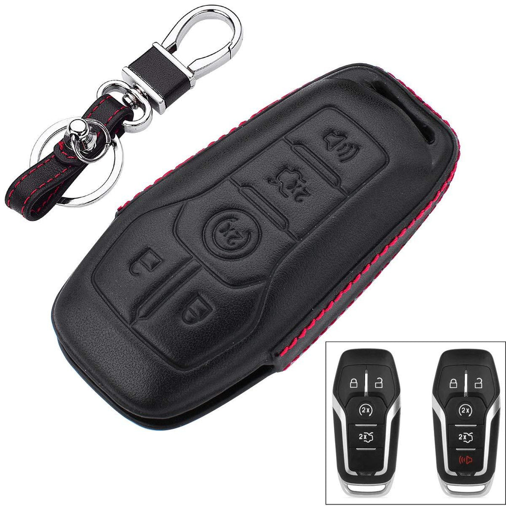  [AUSTRALIA] - RoyalFox Genuine 4 5 Buttons Leather Key Fob case Cover for Ford Mustang Explorer Taurus F-150 Fusion(Mondeo) Edge,Lincoln MKZ MKC MKX Smart Key, Car Remote Key Pouch with Key Rings Keychain Black