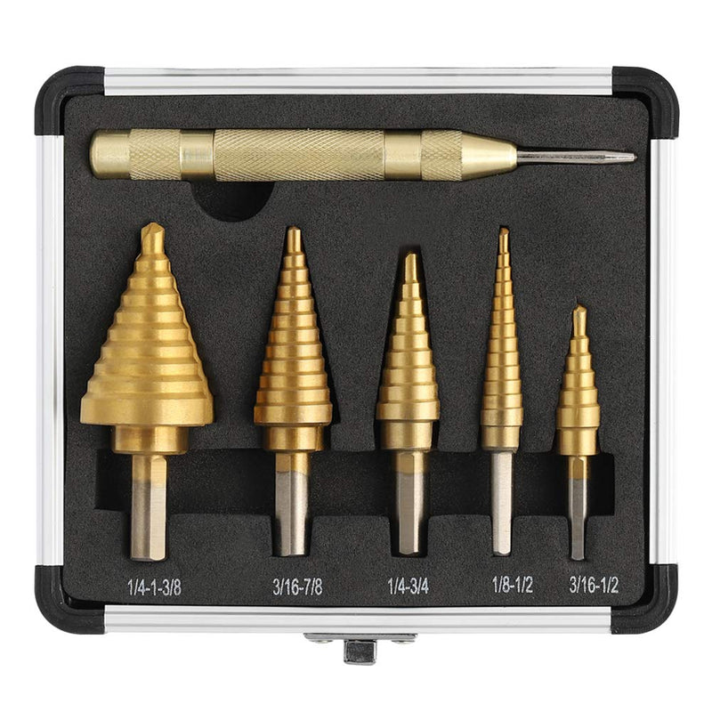  [AUSTRALIA] - COMOWARE Step Drill Bit Set & Automatic Center Punch- Unibit, Titanium Coated, Double Cutting Blades, High Speed Steel, Short Length Drill Bits Set of 5 pcs, Total 50 Sizes with Aluminum Case 6 Pcs Titanium