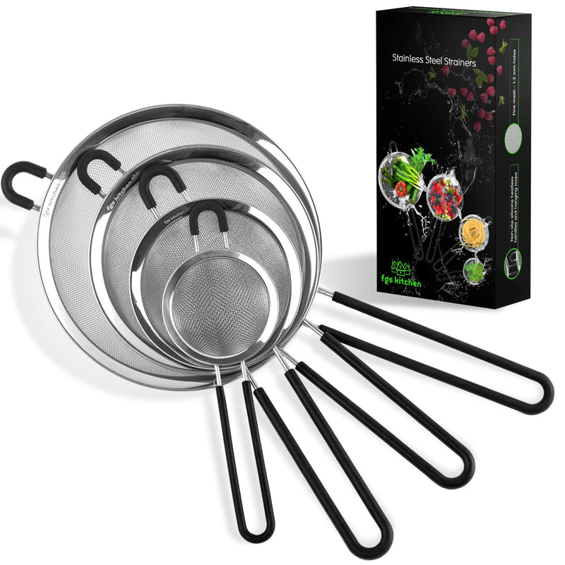  [AUSTRALIA] - FGS Kitchen Stainless Steel Strainers - Fine Mesh Strainers with Non-Slip Handles and Hanging Ears – 4 Sizes Premium Fine Sieve Set for Straining, Sieving, Sifting, Filtering and Rinsing