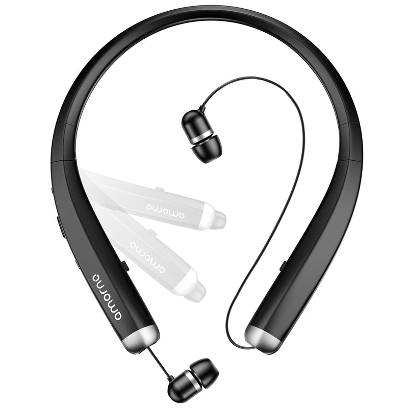  [AUSTRALIA] - Bluetooth Headphones, AMORNO Foldable Wireless Neckband Headset with Retractable Earbuds, Sports Sweatproof Noise Cancelling Stereo Earphones with Mic Black
