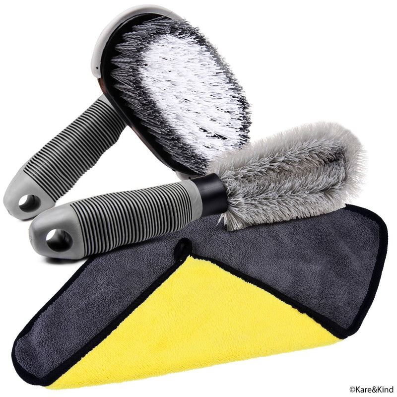  [AUSTRALIA] - Cleaning Set for Car/Van/Truck/Camper - Nylon Brush for Flat Surfaces (Wheels, Tyres, Bumpers, Floor Mats) - Soft Brush for Openings (Rims, Grille, Roof Rack) - Soft Microfiber Cleaning Cloth