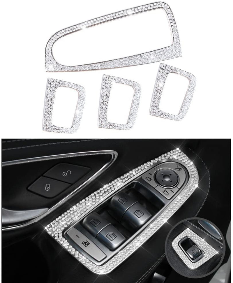Window Control Caps for Mercedes Accessories Benz Parts Trim Switch Button Covers Decals Stickers Interior Decorations W205 X253 C Class GLC AMG Women Men Bling Crystal Silver 4 Pack - LeoForward Australia