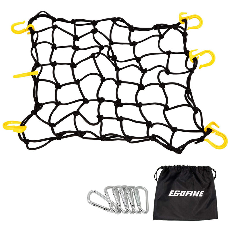  [AUSTRALIA] - Egofine Motorcycle Cargo Net, 15.7" x 15.7" Stretch to 30" x 30" with 2"x2" Mesh, Super Duty Roof Cargo Net with 6 Plastic Hooks and 6 Metal Carabiners for Trailer, SUV, Motorcycle, ATV, Roof, Black Motorcycle Cargo Net 15.7 x 15.7