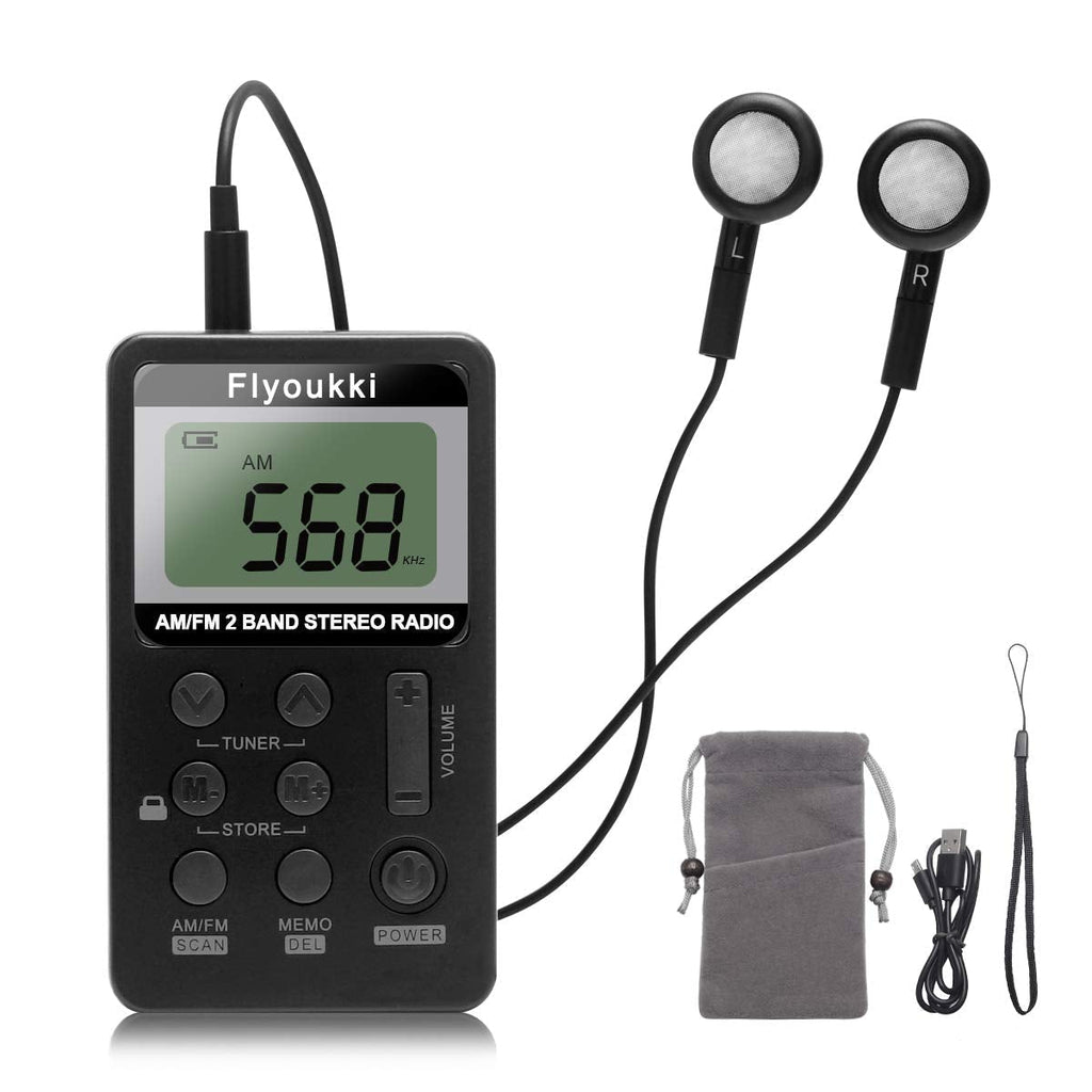  [AUSTRALIA] - Pocket Small Radio by Flyoukki, Personal Mini AM FM Portable Digital Tuning Transistor Radios with Best Reception, Earphones, Lanyard and Rechargeable Battery for Walking Jogging Exercising (Black) Black