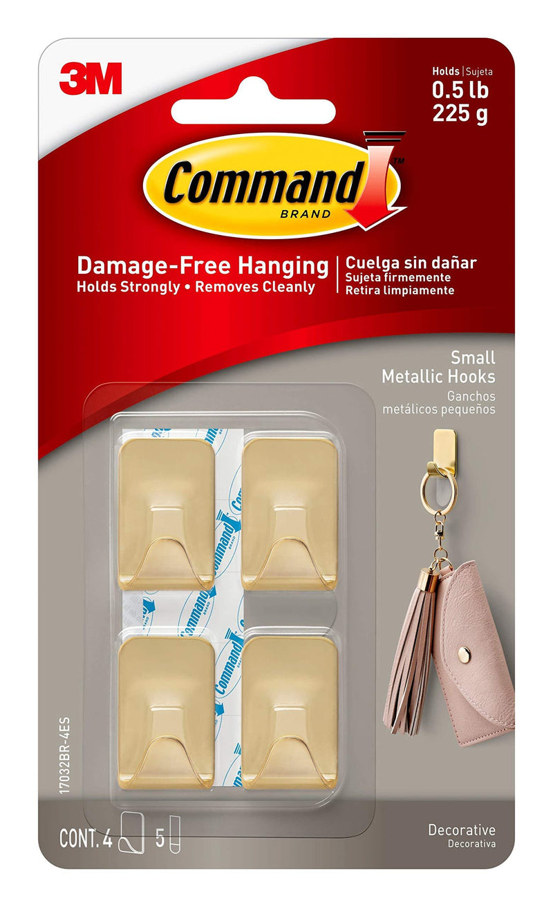 Command Small Metallic Hooks, Brass Color, 4-Hooks, 5-Strips, Decorate Damage-Free 4 Hooks - LeoForward Australia