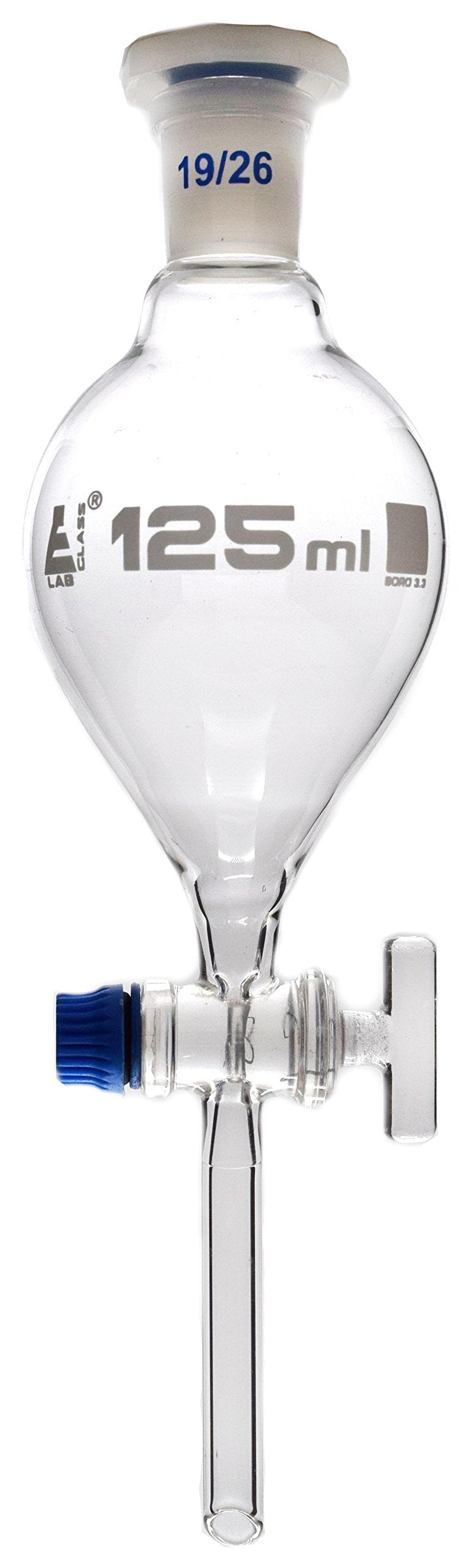 Separating Funnel, 100ml - Pear Shaped - 19/26 Plastic Stopper, Glass Key Stopcock, Stem with Cone - Borosilicate Glass - Eisco Labs - LeoForward Australia