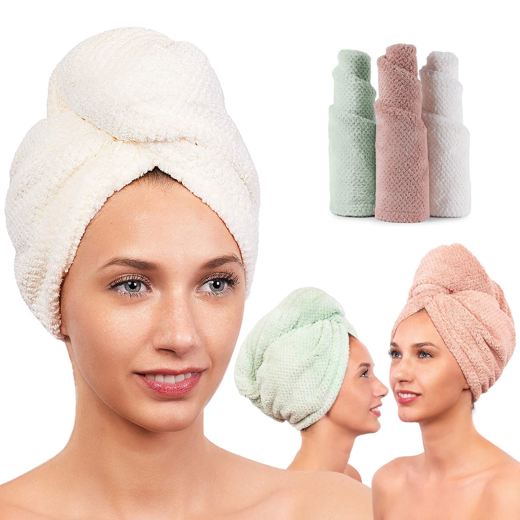  [AUSTRALIA] - Microfiber Hair Towel Wrap for Women - Quick Drying Turban for Curly, Long, Thick or Short Hair - Ultra Absorbent Anti Frizz Head Wraps for Sleeping and Showering (3 Pack) Ivory/Pink/Green