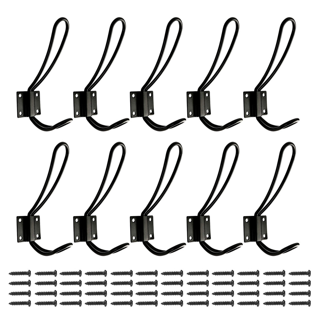 Rustic Entryway Hooks | 10 Pack of Black Wall Mounted Vintage Double Coat Hangers with Large Metal Screws Included - LeoForward Australia