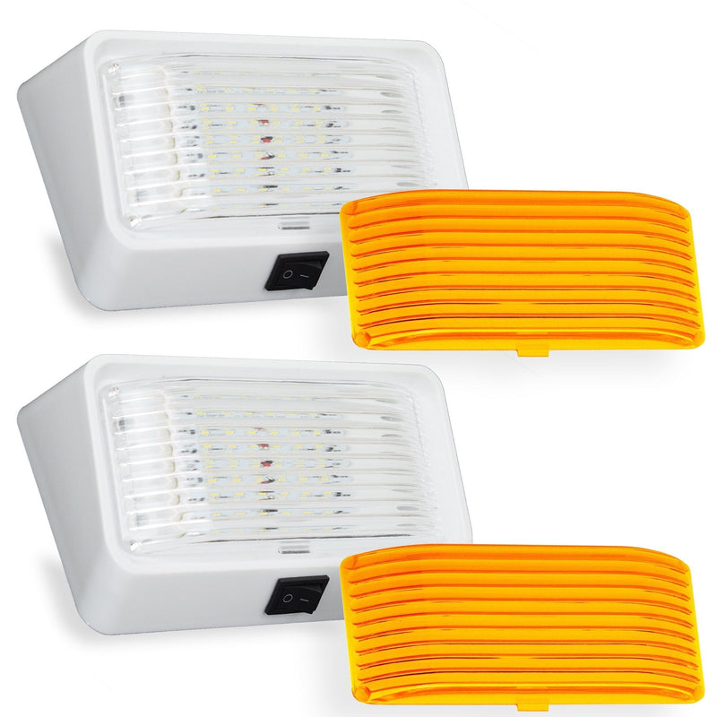  [AUSTRALIA] - Leisure LED RV Exterior Porch Utility Light with Switch - 12v 280 Lumen Lighting Fixture. Replacement Lighting for RVs, Trailers, Campers, 5th Wheels. White Base, Clear and Amber Lens (White, 2-Pack)