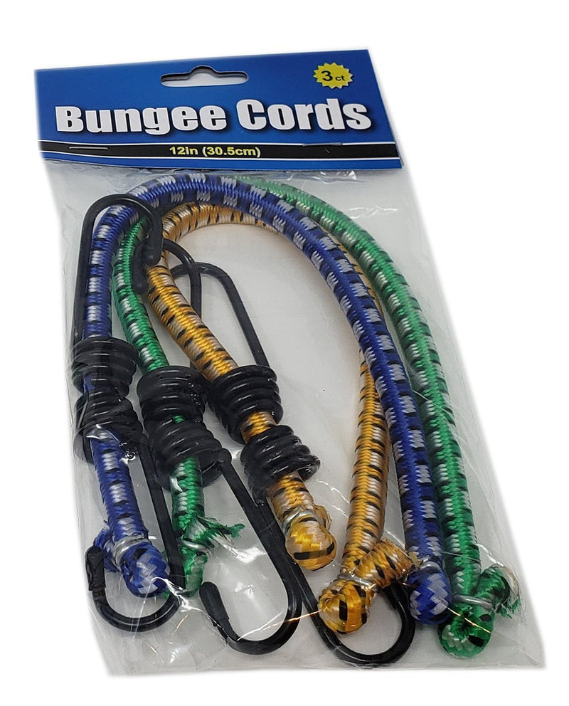  [AUSTRALIA] - 12" Bungee Cords Stretched with Hooks (12 Pack) Green, Yellow & Blue
