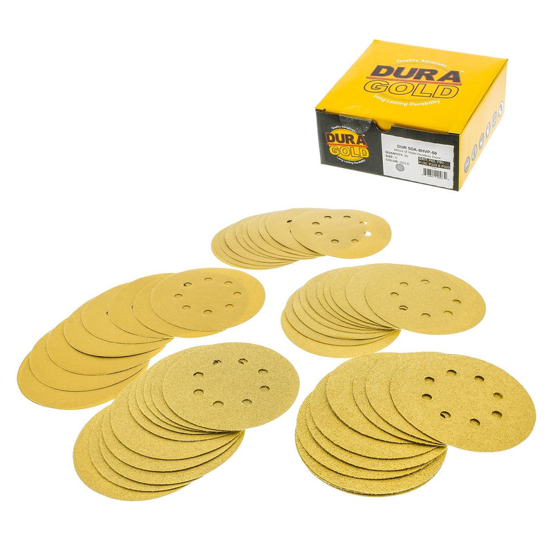  [AUSTRALIA] - Dura-Gold Premium - Variety Pack - 5" Gold Sanding Discs - 8-Hole Dustless Hook and Loop - 10 Each of Grit (60, 80, 120, 220, 320) - Box of 50 Sandpaper Finishing Discs for Woodworking or Automotive Variety Pack - 50 Discs