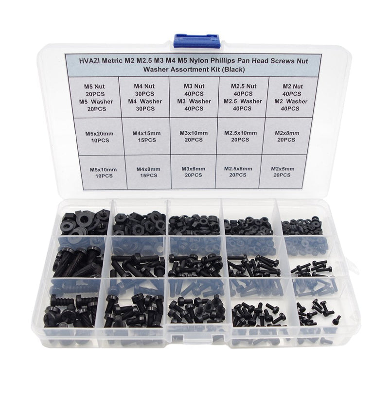  [AUSTRALIA] - HVAZI Metric M2 M2.5 M3 M4 M5 Nylon Phillips Pan Head Screws Nut Washer Assortment Kit (Black) Black