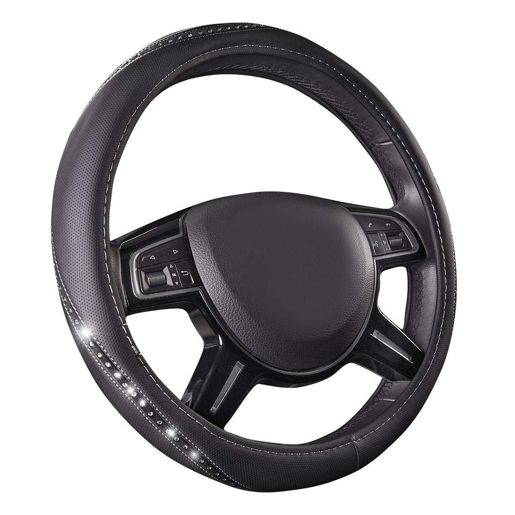  [AUSTRALIA] - CAR PASS Pretty Rhinestone Leather Universal Steering Wheel Cover,Fit for Car, Suvs,Sedans,Truck,Anti-Slip Design (Black with Silver) black with silver