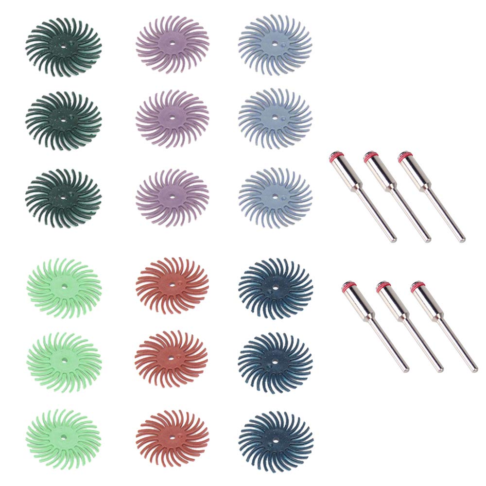  [AUSTRALIA] - Bestgle 18Pcs 25mm/1" Radial Bristle Disc Mixed Grit Detail Abrasive Brushes Assortment Kit with 6pcs 3mm Mandrels for Rotary Tools Cleaning Finishing Deburring Polishing, Grit 80/120/220/400/600/1000