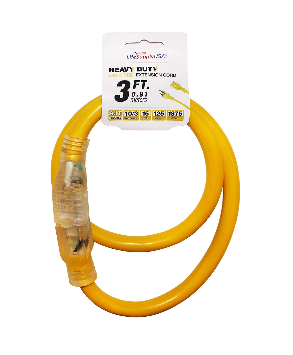  [AUSTRALIA] - 3 ft Extension Cord 10/3 SJTW with Lighted end - Yellow - Indoor / Outdoor Heavy Duty Extra Durability 15 AMP 125 Volts 1875 Watts by LifeSupplyUSA