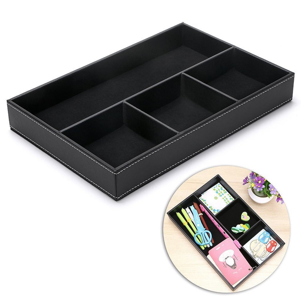 BTSKY 4 slots Desk Drawer Organizer, PU Leather Drawer Storage Organizer Divider for Office Desk Supplies Value Collection and Accessories Multi-Purpose Storage Desktop Organizer Tray(Black) Black - LeoForward Australia