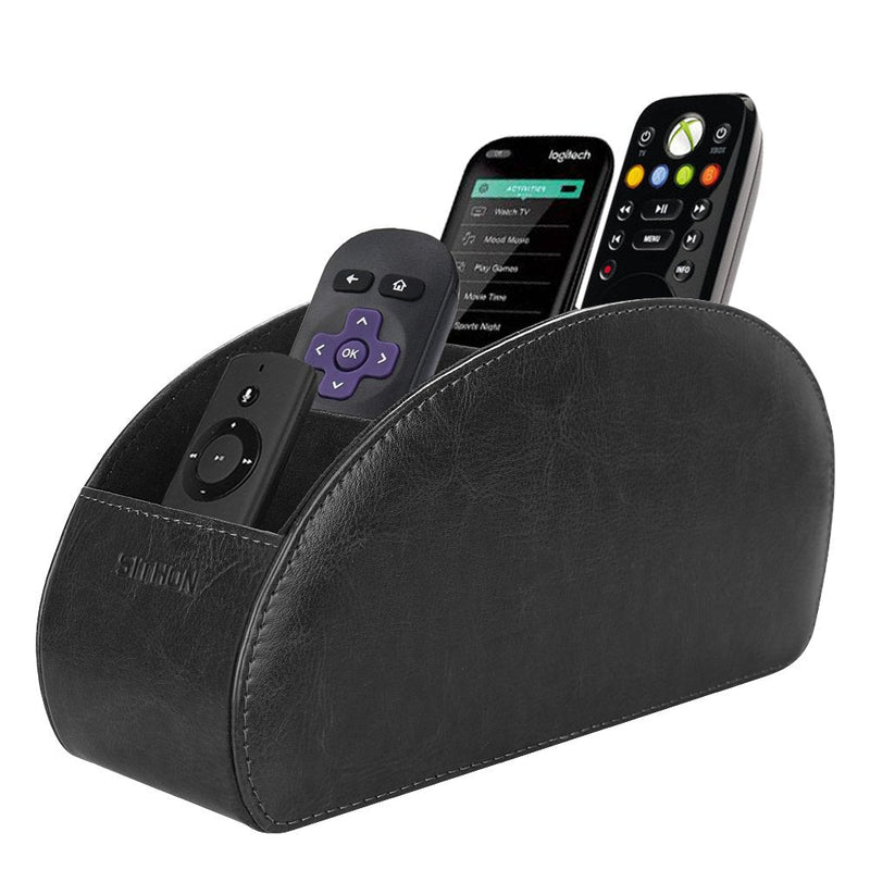  [AUSTRALIA] - SITHON Remote Control Holder with 5 Compartments - PU Leather Remote Caddy Desktop Organizer Store TV, DVD, Blu-Ray, Media Player, Heater Controllers, Black Small