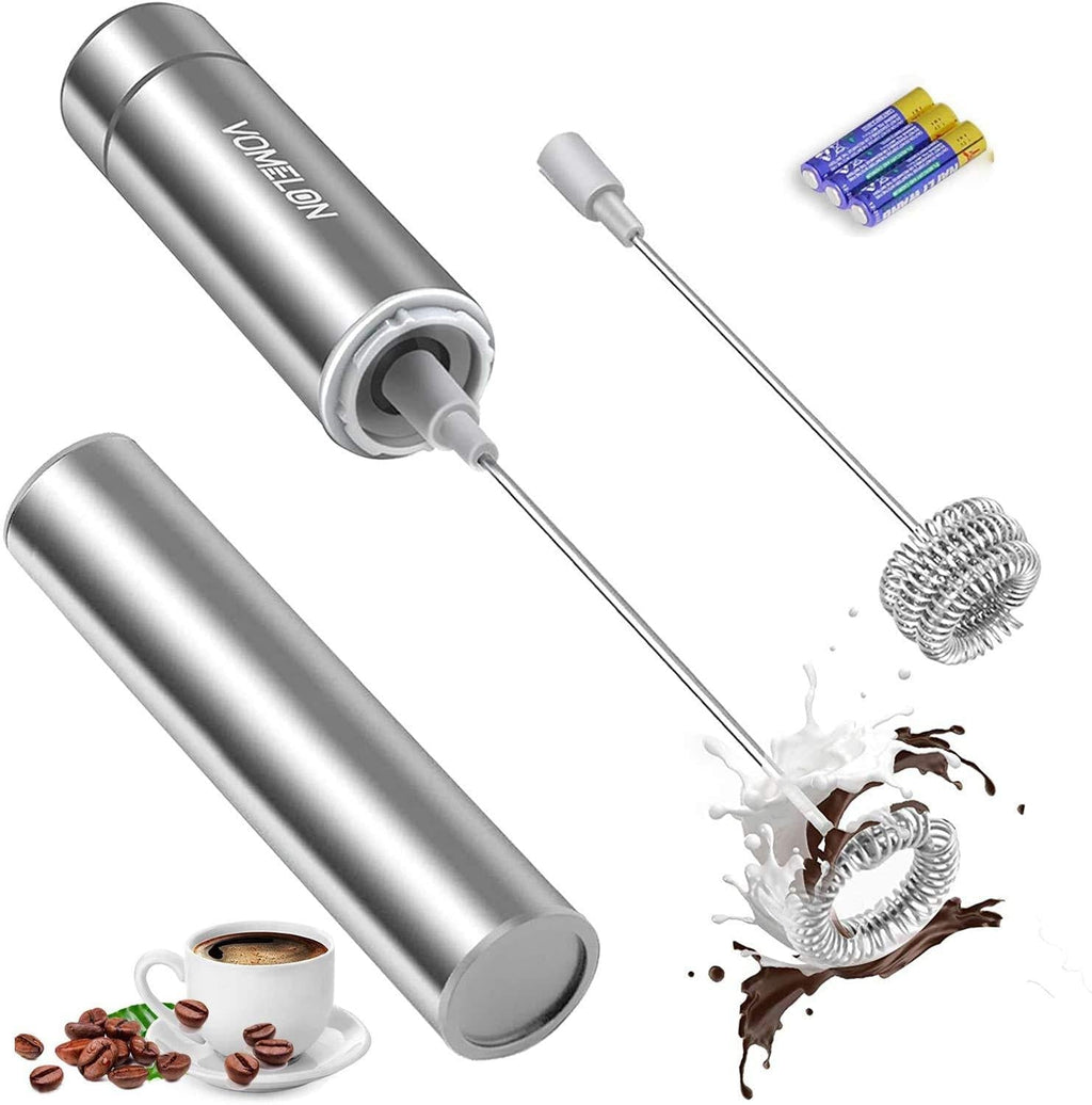  [AUSTRALIA] - Milk Frother Handheld, Battery Operated Travel Coffee Frother Milk Foamer Drink Mixer with 2 Stainless Steel Whisks for Hot Chocolate, Batteries Included, Silver