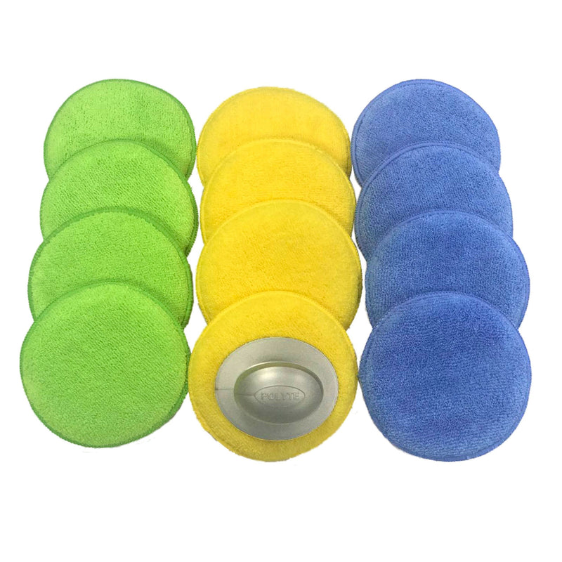  [AUSTRALIA] - Polyte Microfiber Detailing Wax Applicator Pad w/Handle, 5 in, 12 Pack (Multi-Blue,Green,Yellow)