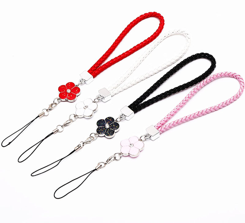 4 Pack Braided PU Hand Wrist Straps Leather Wrist Lanyard with Flower Pendant Keychain Strap for Keys & MP3 MP4 Player& Cell Phone & ID Tag Badge -Black/White/Pink/Red - LeoForward Australia