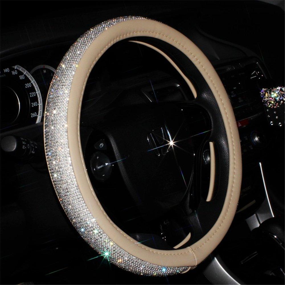  [AUSTRALIA] - Beige Universal Non-Slip Crystal Steering Wheel Cover with PU Leather and Bling Diamond Rhinestones,Decorative Car Accessories case,15''